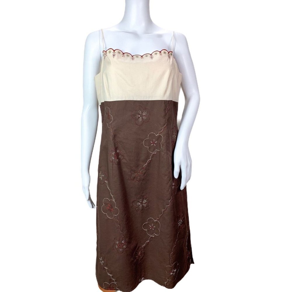 Kenar Sleeveless Cotton Sheath Dress Brown Beige Red Floral Embroidery 10